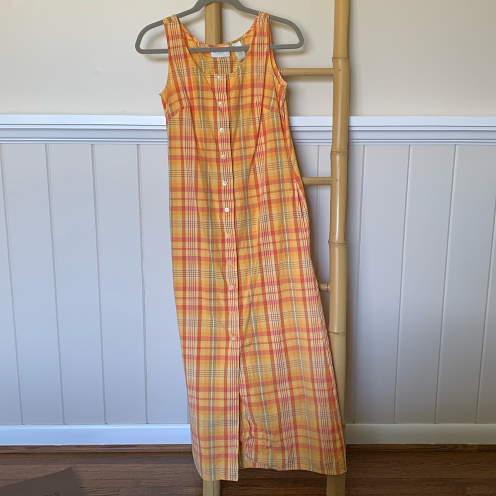 Vintage Liz Claiborne 100% cotton plaid maxi dress sleeveless button front